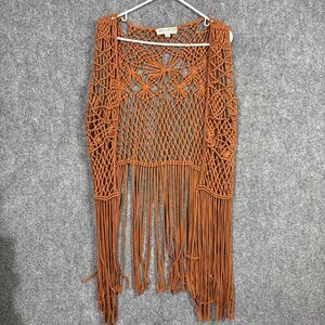 IDYLLWIND HAWLS Crochet Vest Sweater Womens Size XS Rust Macrame Fringe